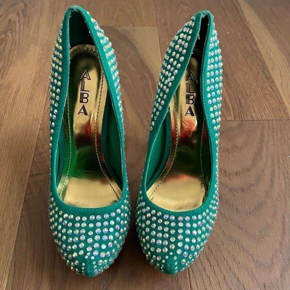 Alba Green Iridescent Rhinestone Bling Stiletto Platform Pleaser Heels 7.5 - Picture 3 of 10